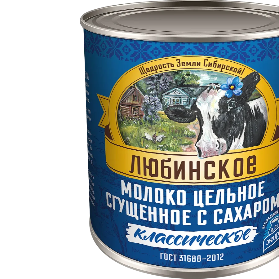 Молоко цельное сгущенное с сахаром 8,5%, жестяная банка 380 г, Любинское