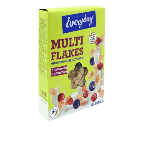 Multigrain flakes with blueberries and cranberries, cardboard