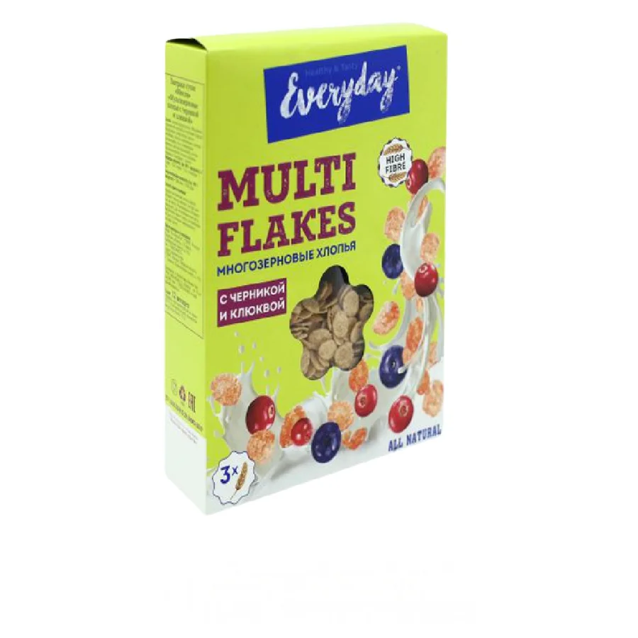 Multigrain flakes with blueberries and cranberries, cardboard